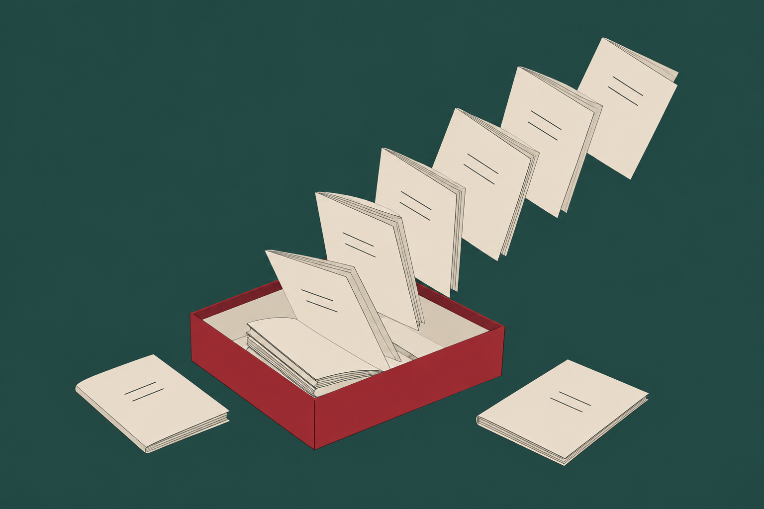 Ilustração de uma caixa vermelha com cadernos claros separados, alguns suspensos em sequência, sobre fundo verde-petróleo.