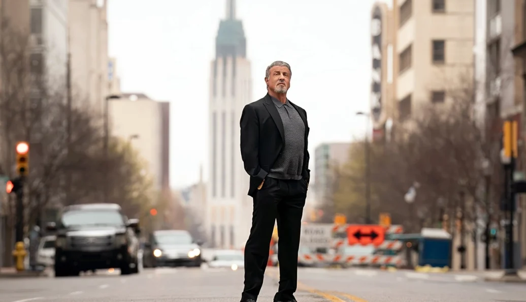Sylvester Stallone em uma rua de Tulsa, em imagem de divulgação de Tulsa King.