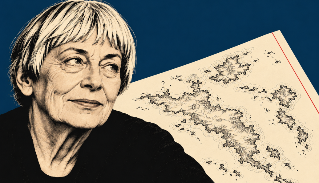 Ilustração editorial de Ursula K. Le Guin em preto e creme, com mapa sobre fundo azul.