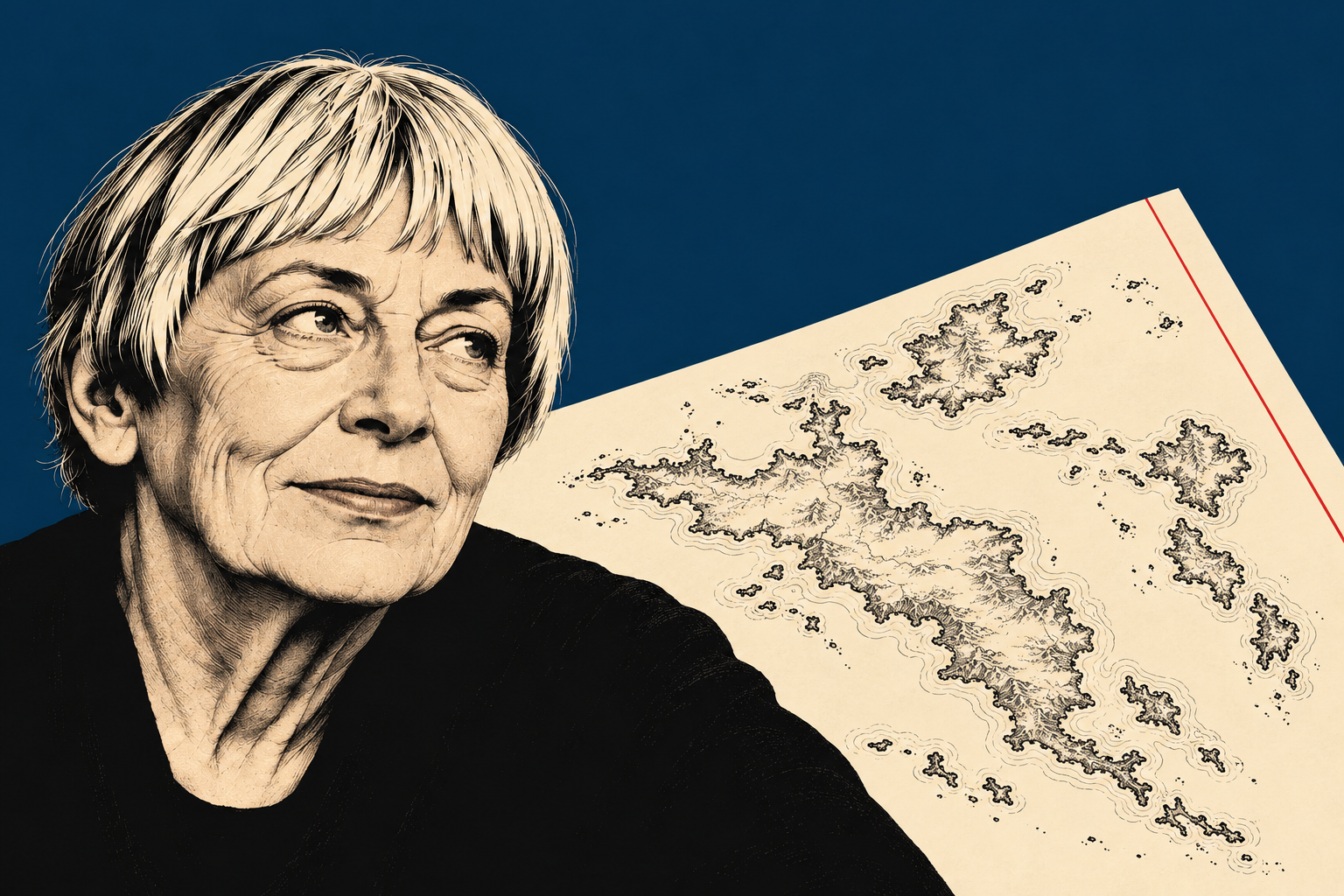 Ilustração editorial de Ursula K. Le Guin em preto e creme, com mapa sobre fundo azul.