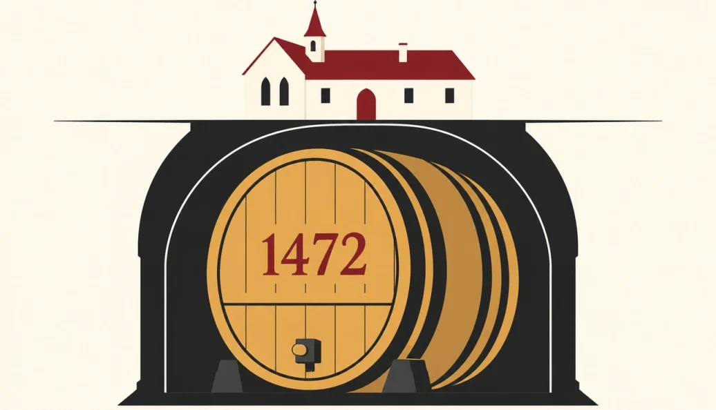 Ilustração editorial de um hospital sobre uma adega com um grande tonel marcado com a data 1472.