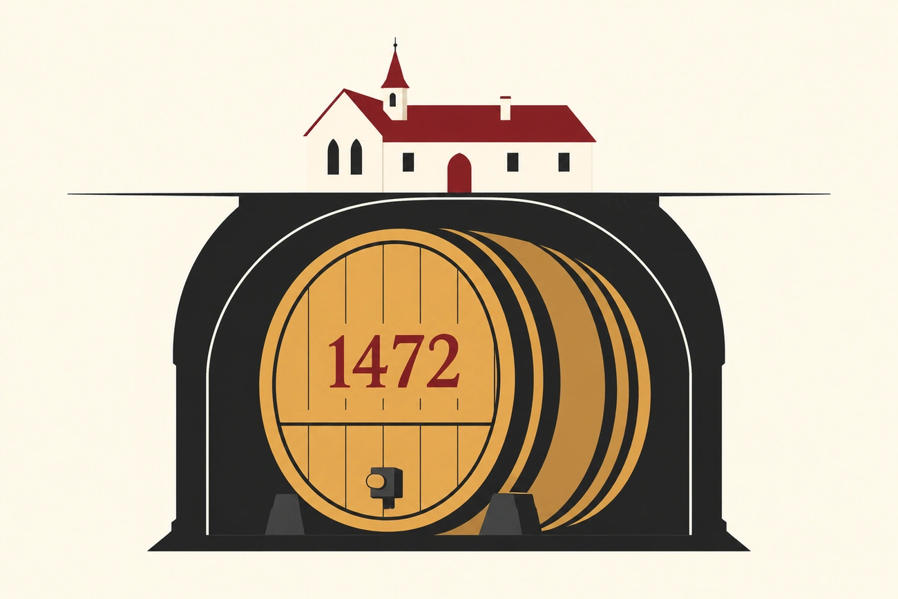 Ilustração editorial de um hospital sobre uma adega com um grande tonel marcado com a data 1472.