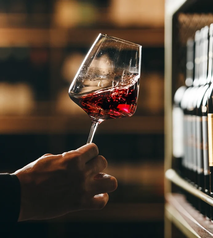 Mão segurando uma taça de vinho tinto diante de uma prateleira de garrafas.