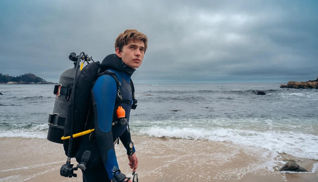 Austin Abrams como Jay Gardiner, com equipamento de mergulho, em Dentro da Baleia (2026)