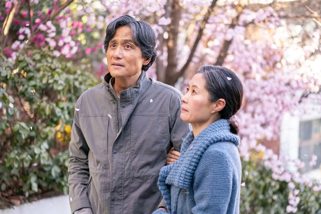 Moon So-ri e Park Hae-joon sob cerejeiras em Se a Vida Te Der Tangerinas…