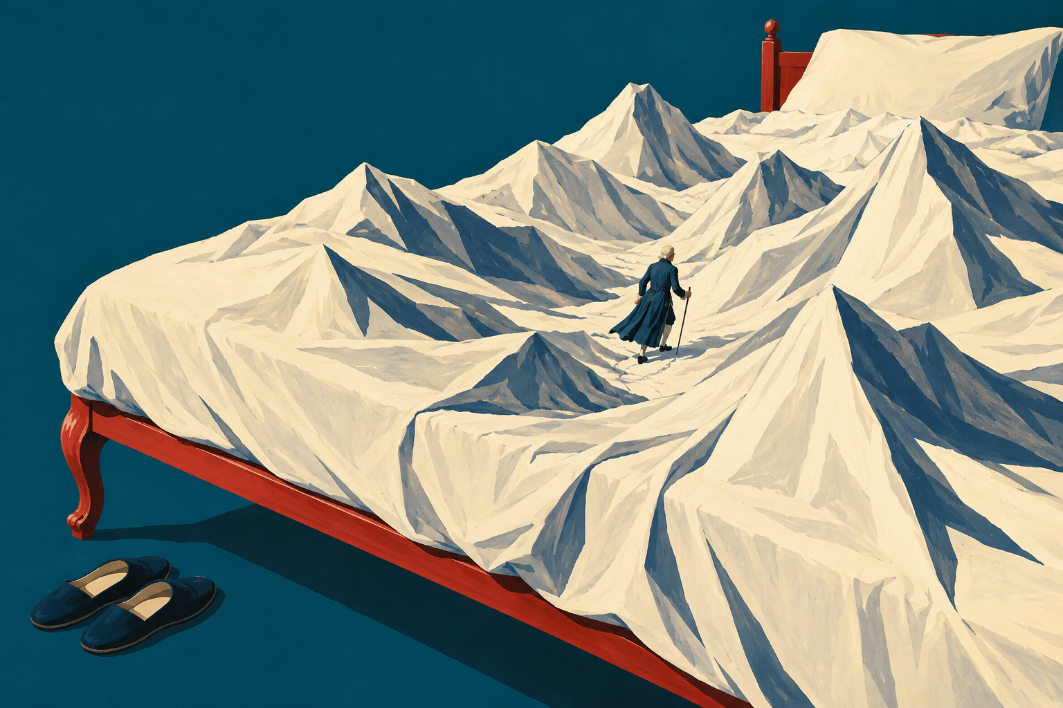 Ilustração de um pequeno viajante sobre um lençol cujas dobras formam montanhas, numa cama vermelha.