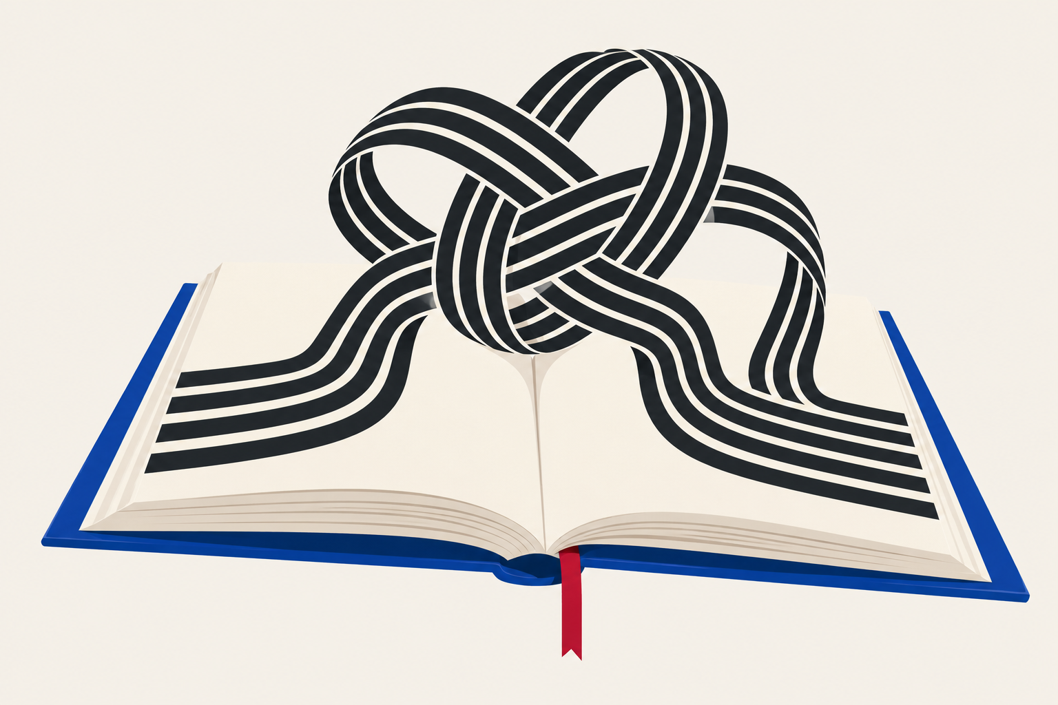 Ilustração de um livro aberto de capa azul, cujas linhas pretas se erguem e formam um nó sobre as páginas.