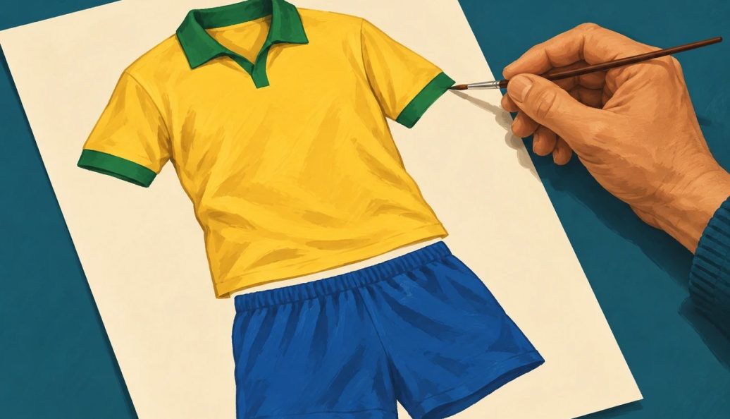 Mão com pincel finaliza o desenho de uma camisa amarela com detalhes verdes e calção azul.