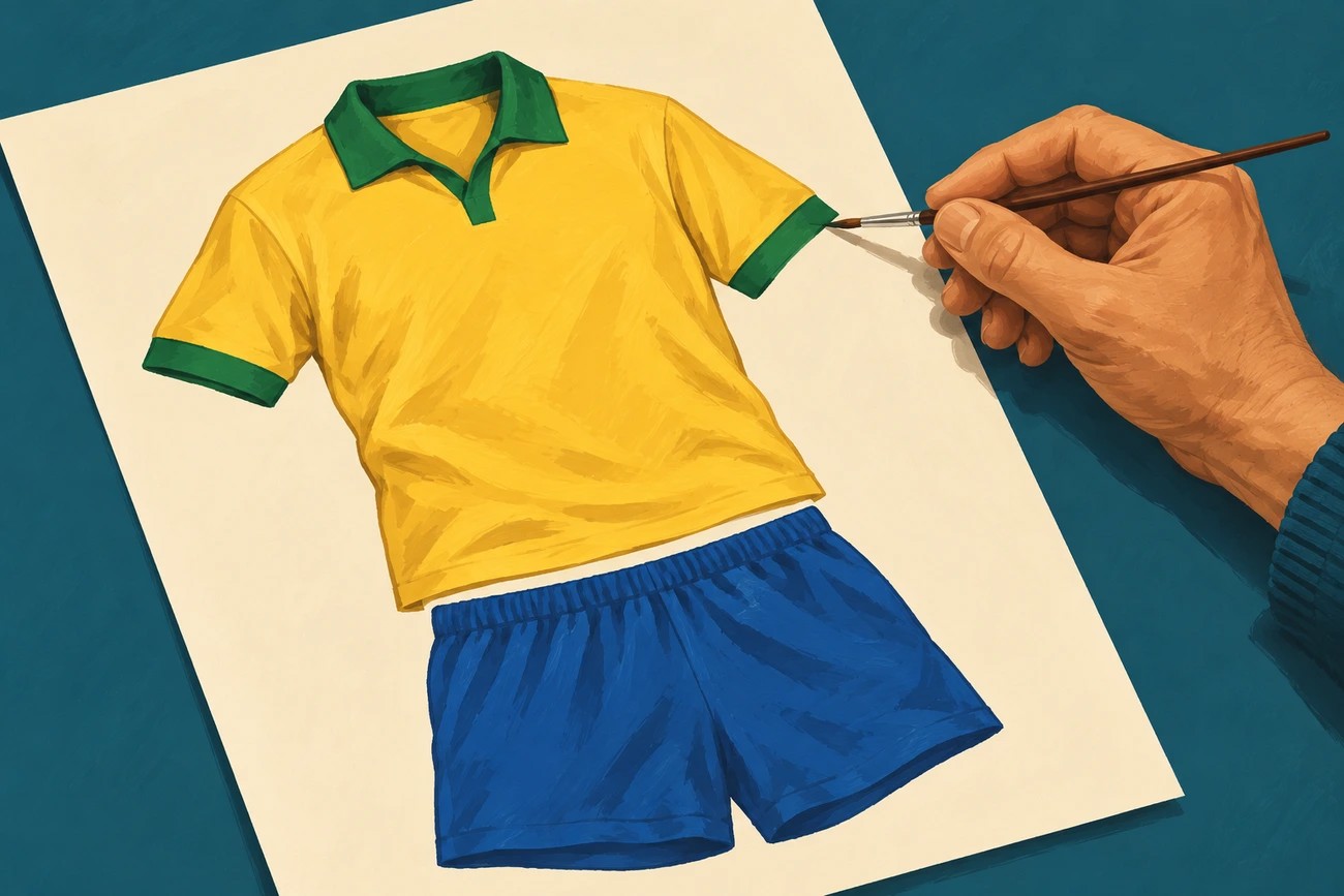 Mão com pincel finaliza o desenho de uma camisa amarela com detalhes verdes e calção azul.