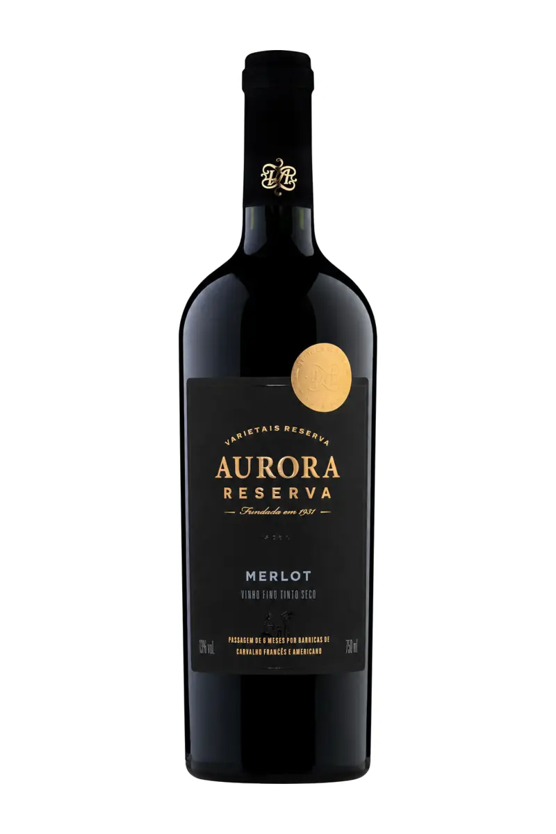 Representação ilustrativa de uma garrafa para o vinho Aurora Reserva Merlot 2023, gerada por IA; não é imagem da embalagem oficial. A safra da garrafa usada como referência não está legível; a seleção refere-se a 2023.