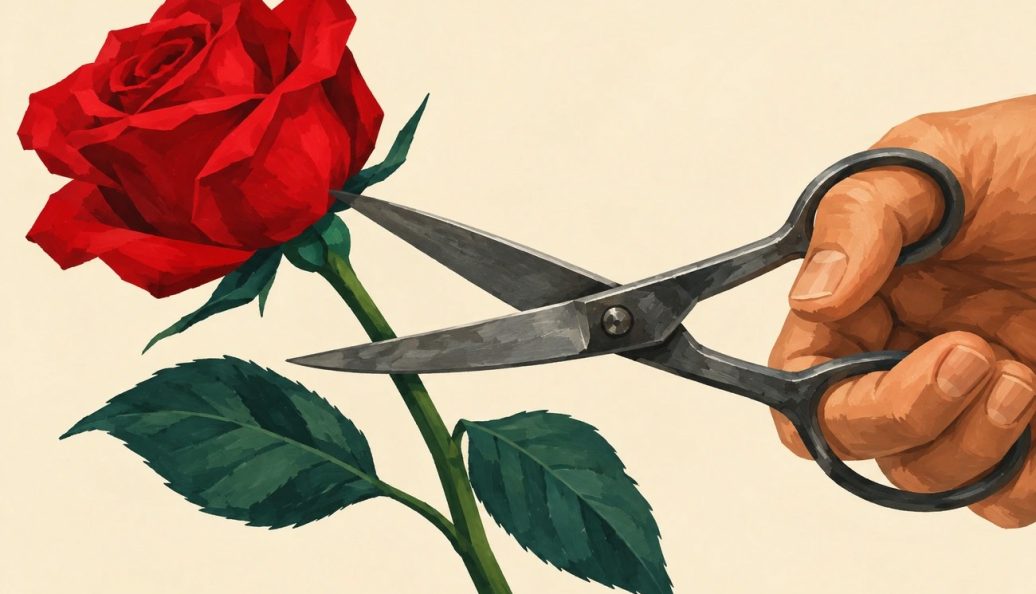Uma mão segura uma tesoura aberta em torno da haste de uma rosa vermelha, sobre fundo creme.