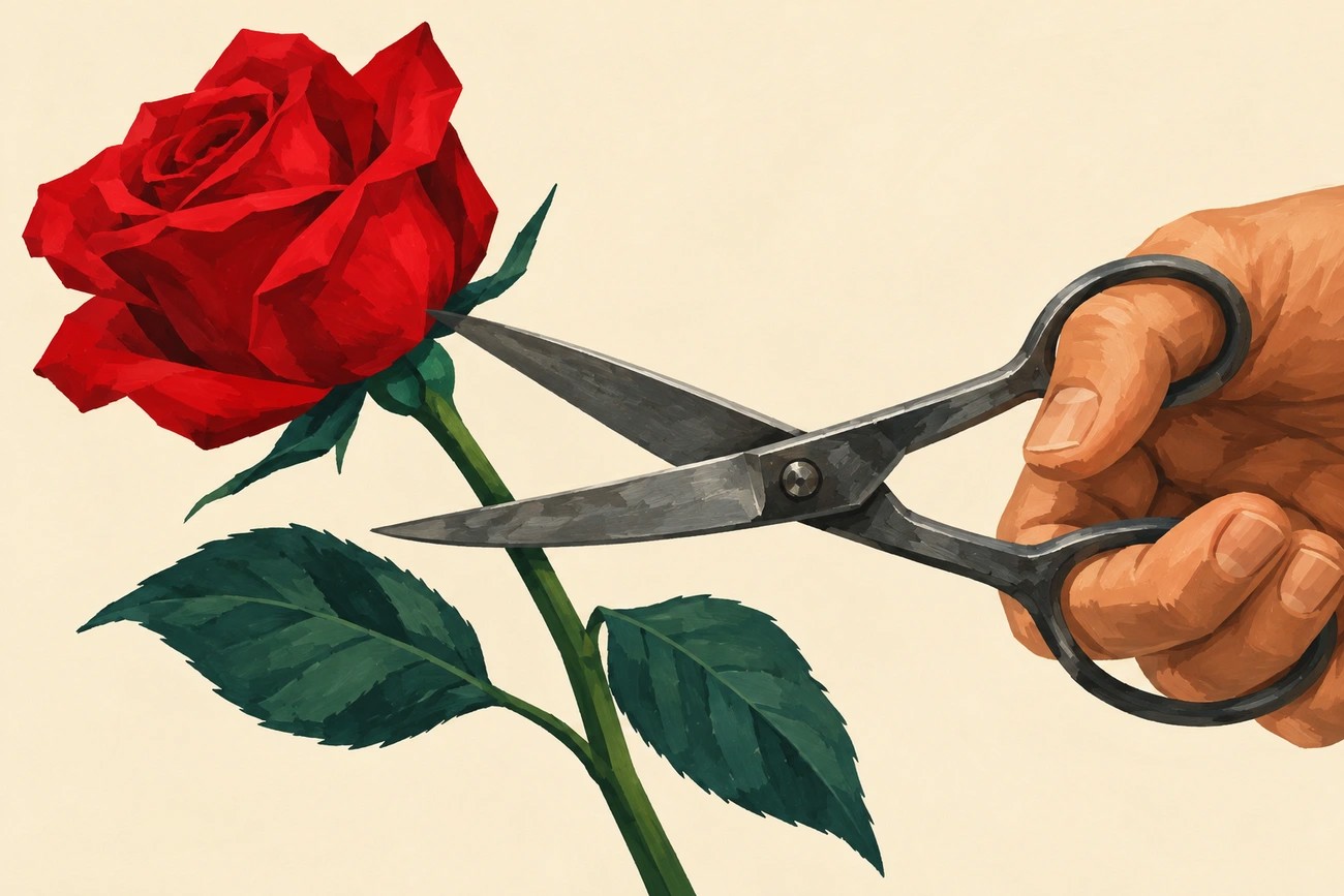 Uma mão segura uma tesoura aberta em torno da haste de uma rosa vermelha, sobre fundo creme.
