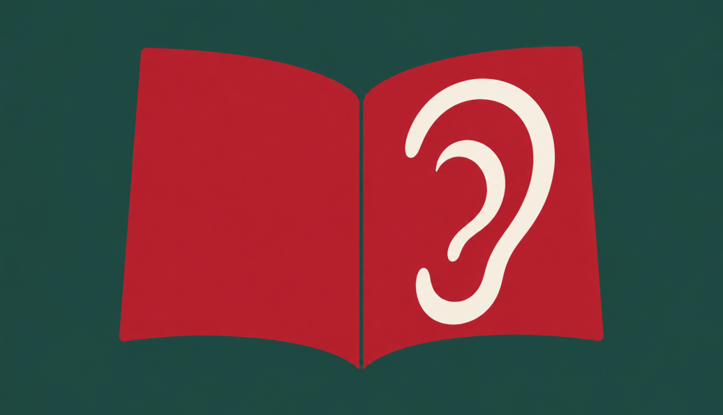 Ilustração minimalista de um livro vermelho aberto, com um ouvido creme na página direita, sobre fundo verde.
