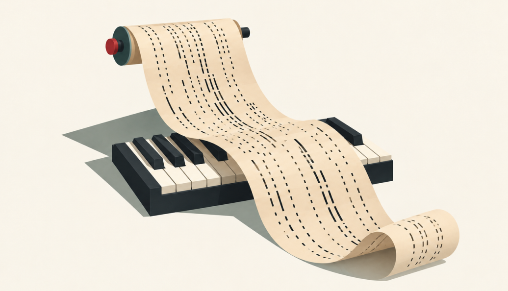 Ilustração de um rolo de papel perfurado sobre teclas de pianola, alusiva à música de Conlon Nancarrow.