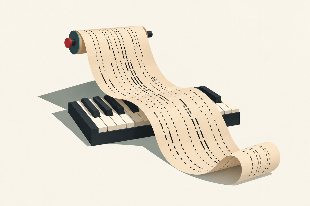 Ilustração de um rolo de papel perfurado sobre teclas de pianola, alusiva à música de Conlon Nancarrow.