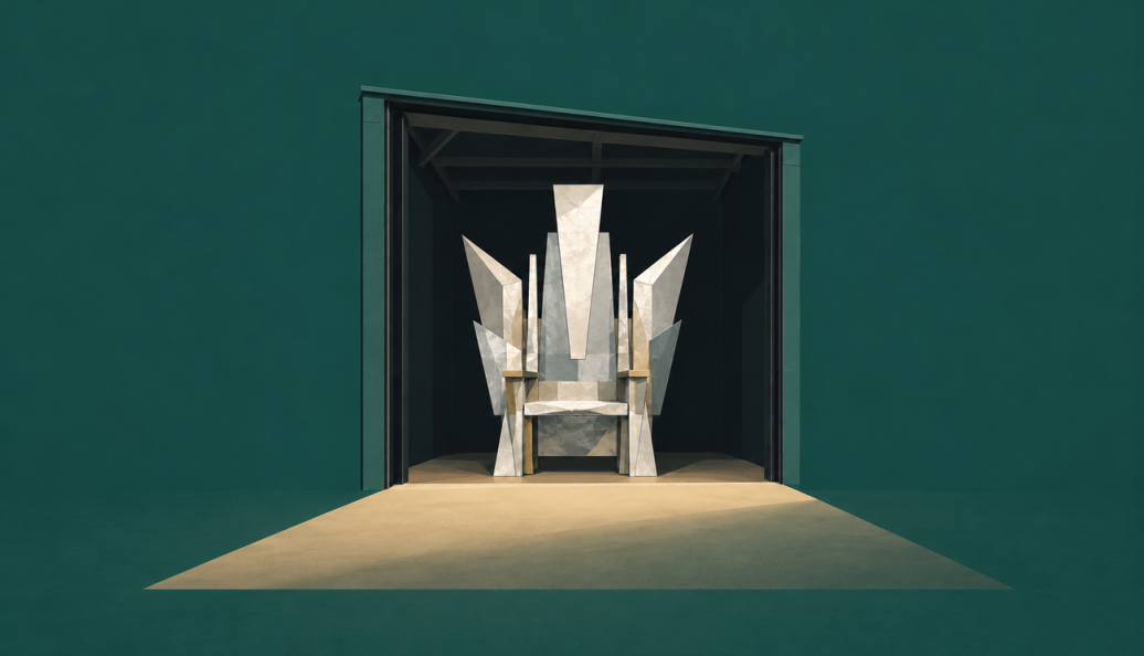 Ilustração editorial de um trono prateado dentro de uma garagem verde, inspirada em James Hampton.