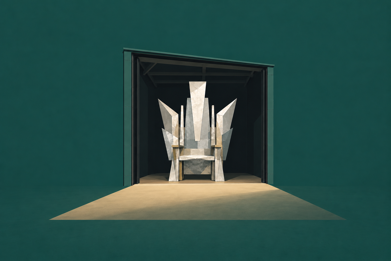 Ilustração editorial de um trono prateado dentro de uma garagem verde, inspirada em James Hampton.