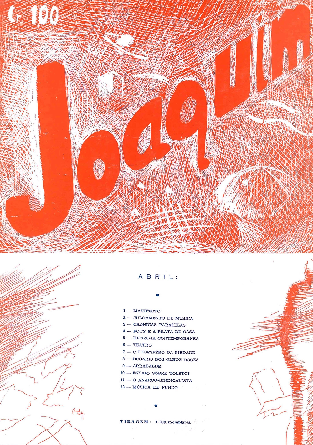Capa da revista Joaquim, em laranja e branco, com o nome da publicação e o sumário.