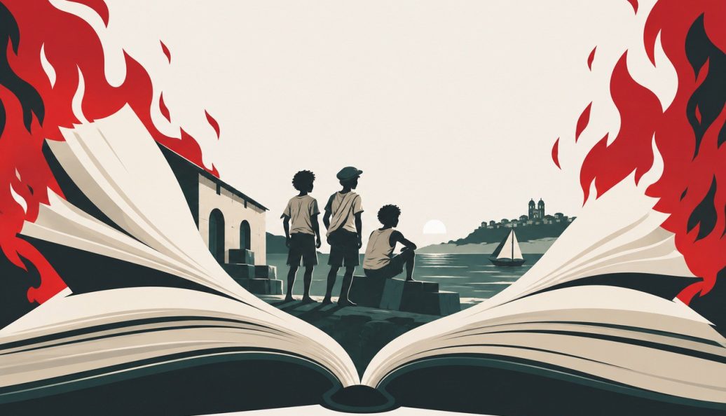 Ilustração de três crianças junto ao cais de Salvador, dentro de um livro aberto cercado por chamas, em referência a Capitães da Areia.