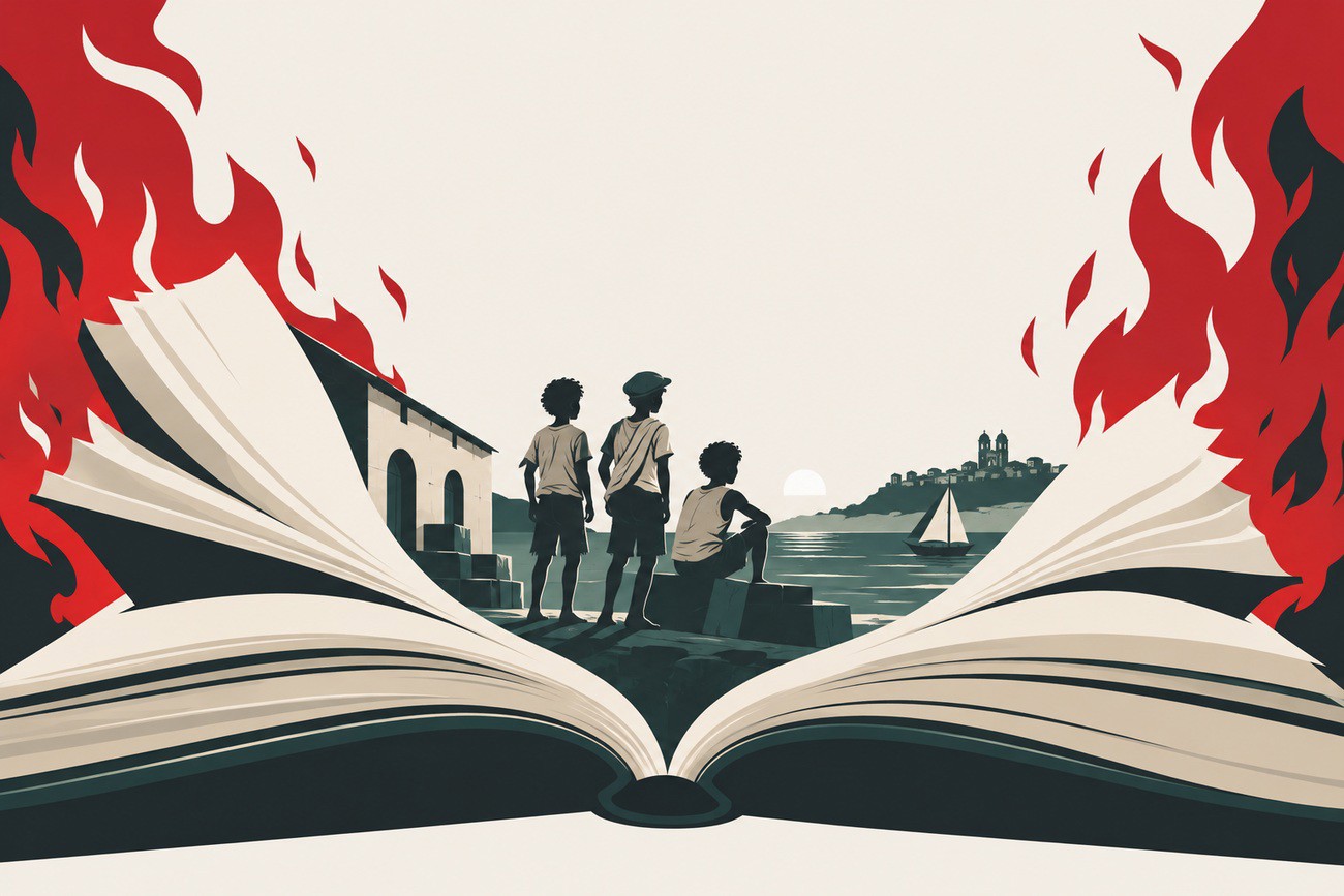 Ilustração de três crianças junto ao cais de Salvador, dentro de um livro aberto cercado por chamas, em referência a “Capitães da Areia”.