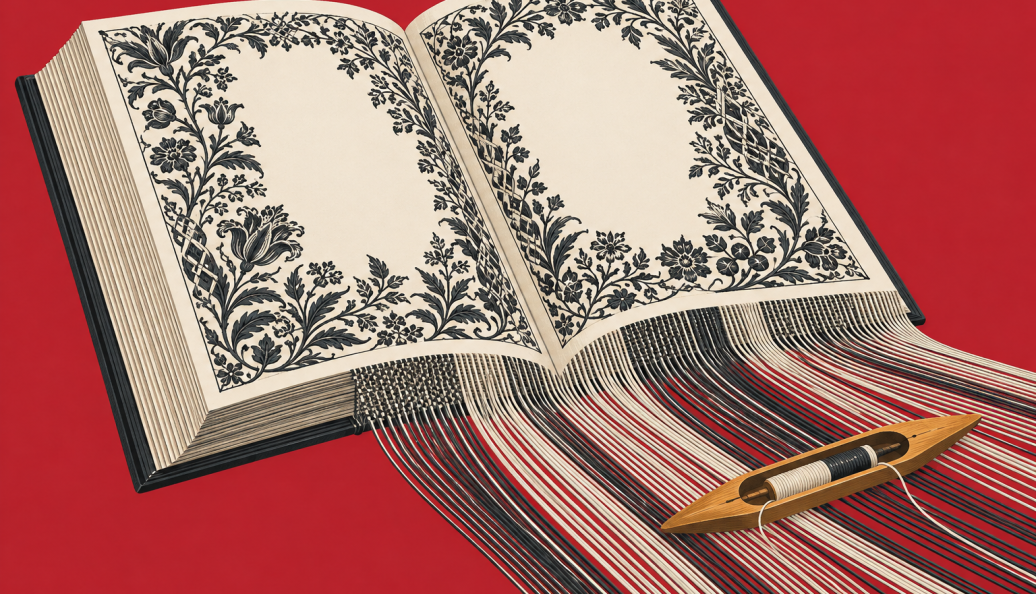 Ilustração de um livro aberto cujas páginas se prolongam em fios, ao lado de uma lançadeira, sobre fundo vermelho.