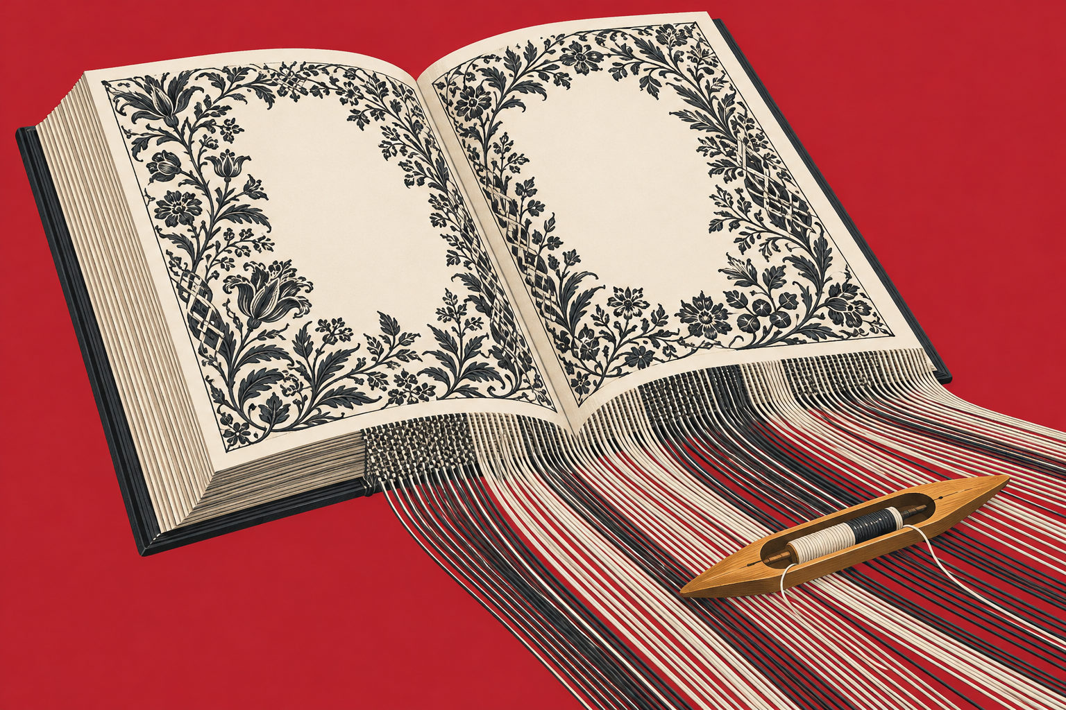 Ilustração de um livro aberto cujas páginas se prolongam em fios, ao lado de uma lançadeira, sobre fundo vermelho.