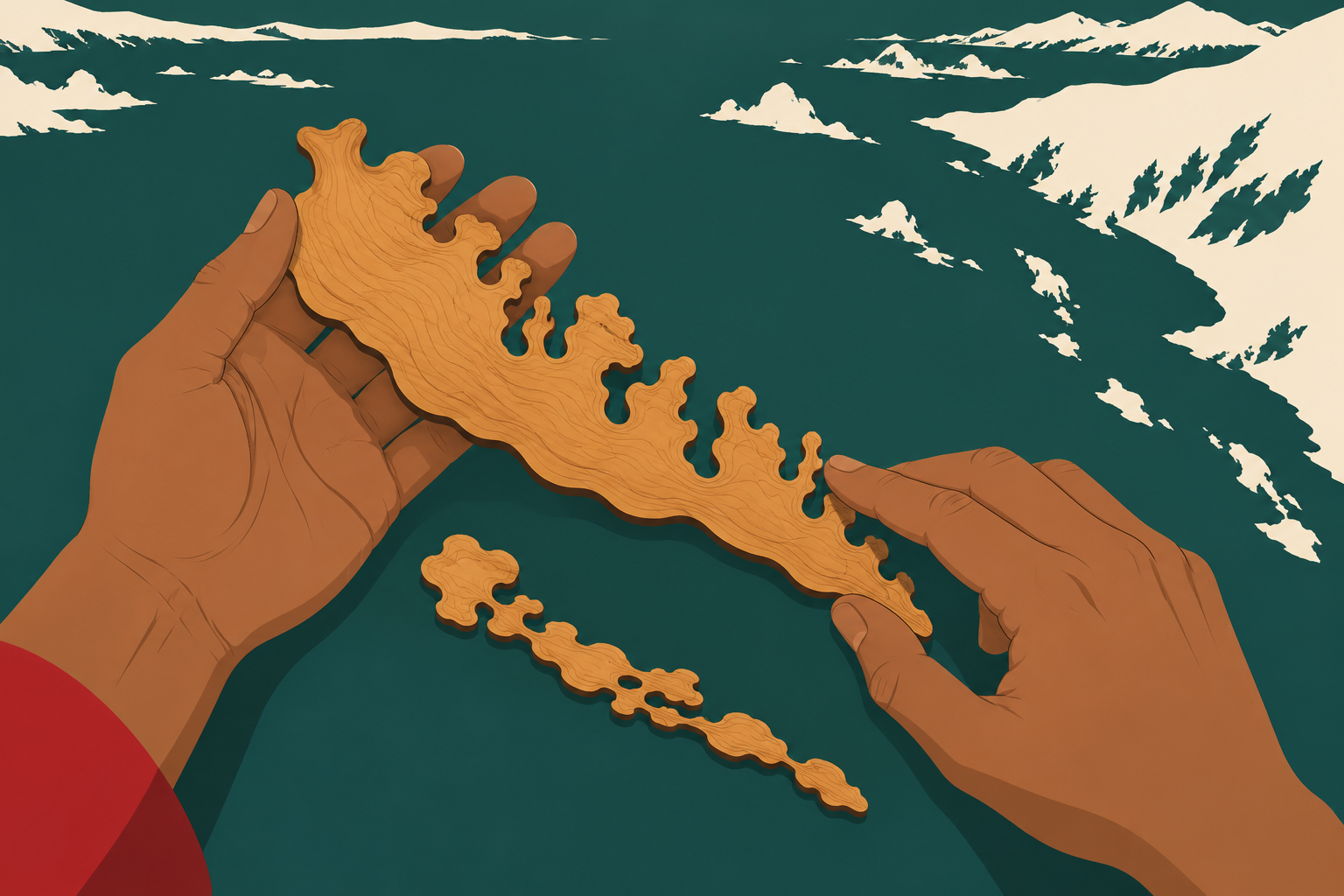 Ilustração de mãos segurando peças de madeira com recortes que representam o litoral, sobre fundo verde-azulado.