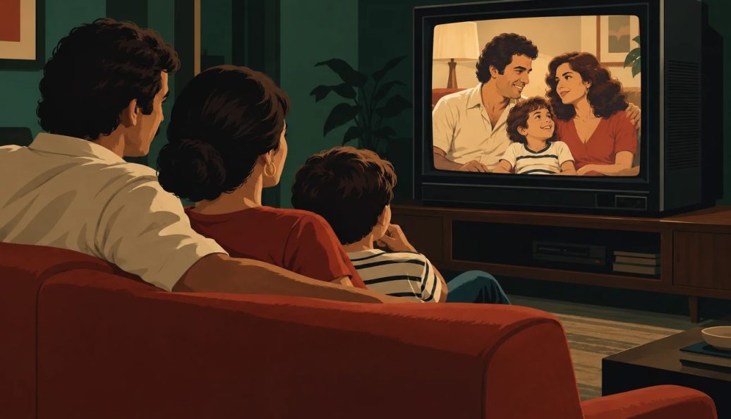 Ilustração de uma família assistindo a uma novela em um televisor de tubo, cuja tela mostra um casal com uma criança.