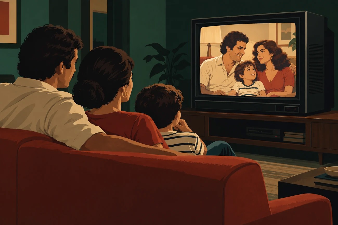 Ilustração de uma família assistindo a uma novela em um televisor de tubo, cuja tela mostra um casal com uma criança.