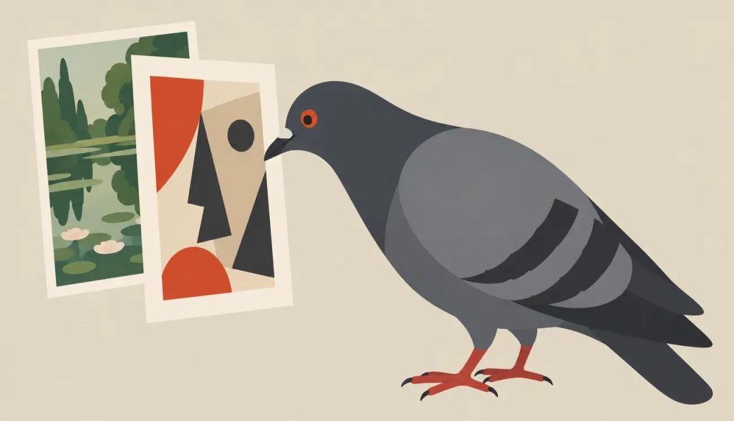 Ilustração de um pombo de perfil à direita observando duas reproduções sobrepostas, uma paisagem e uma composição geométrica.