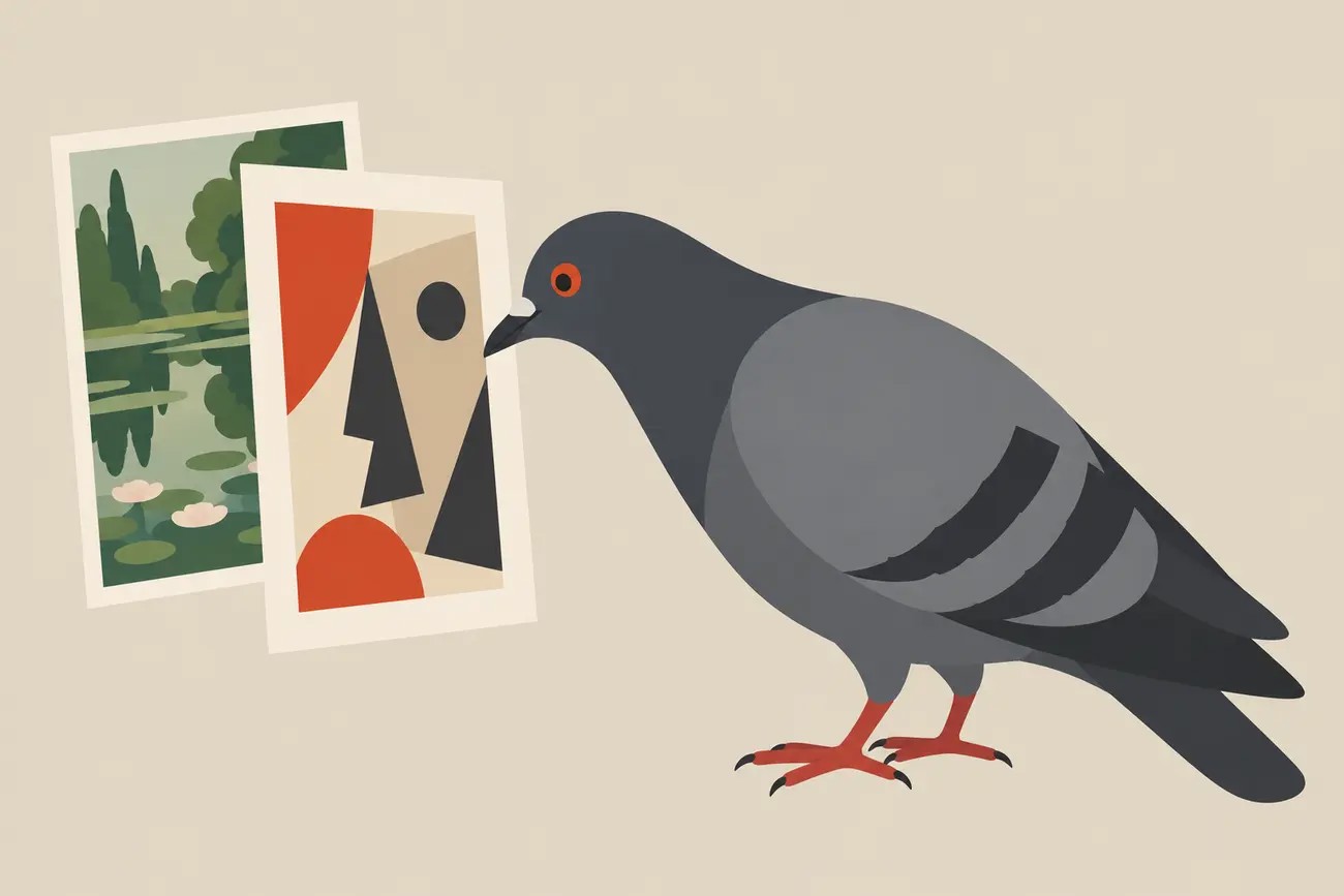 Ilustração de um pombo de perfil à direita observando duas reproduções sobrepostas, uma paisagem e uma composição geométrica.