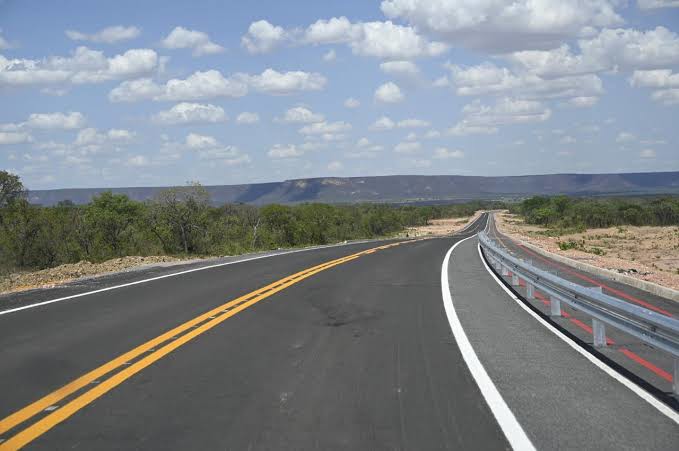 Rodovia asfaltada com defensa metálica em paisagem do Cerrado