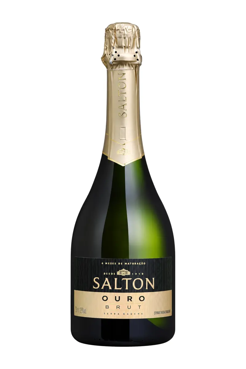 Representação ilustrativa de uma garrafa para o vinho Salton Ouro Brut, gerada por IA; não é imagem da embalagem oficial. Representação da embalagem fornecida como referência, sem safra indicada.