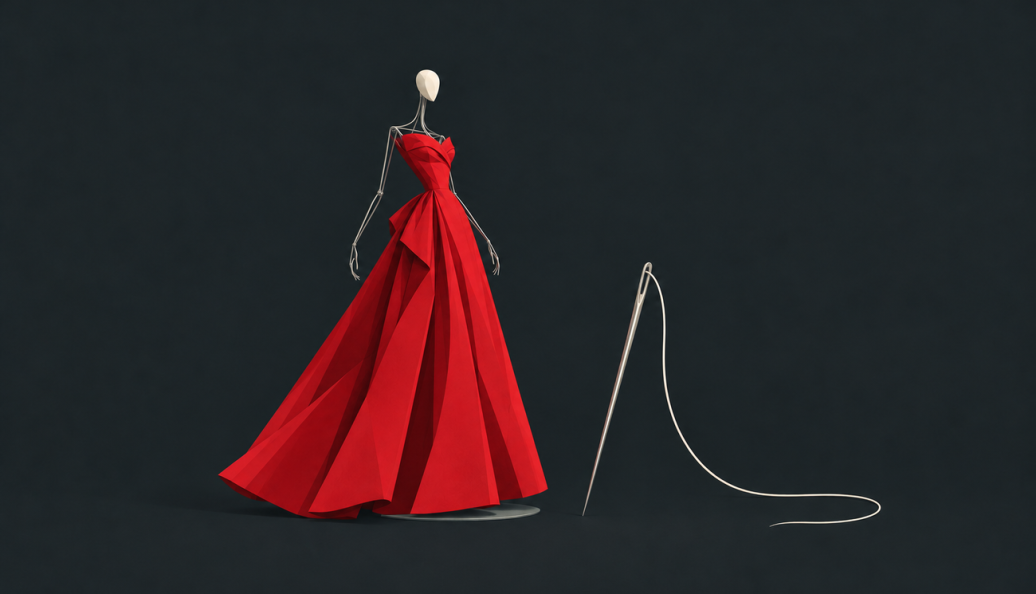 Ilustração de um manequim de arame com vestido vermelho ao lado de uma agulha e linha, alusiva ao Théâtre de la Mode.