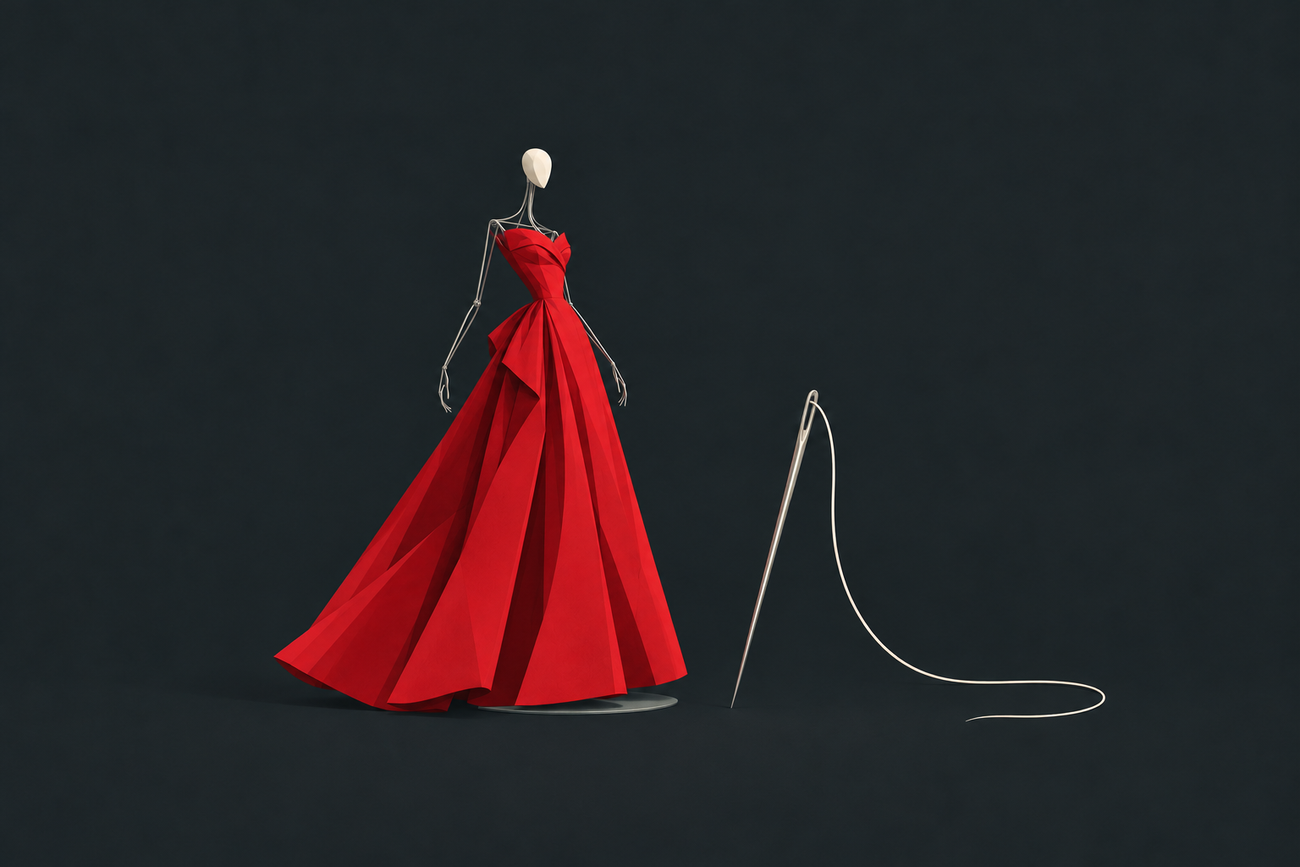 Ilustração de um manequim de arame com vestido vermelho ao lado de uma agulha e linha, alusiva ao Théâtre de la Mode.