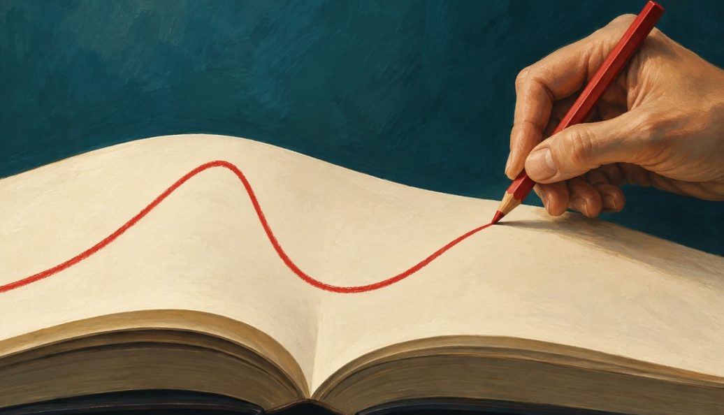 Mão com lápis vermelho desenha uma curva de subida, queda e recuperação nas páginas de um livro aberto.