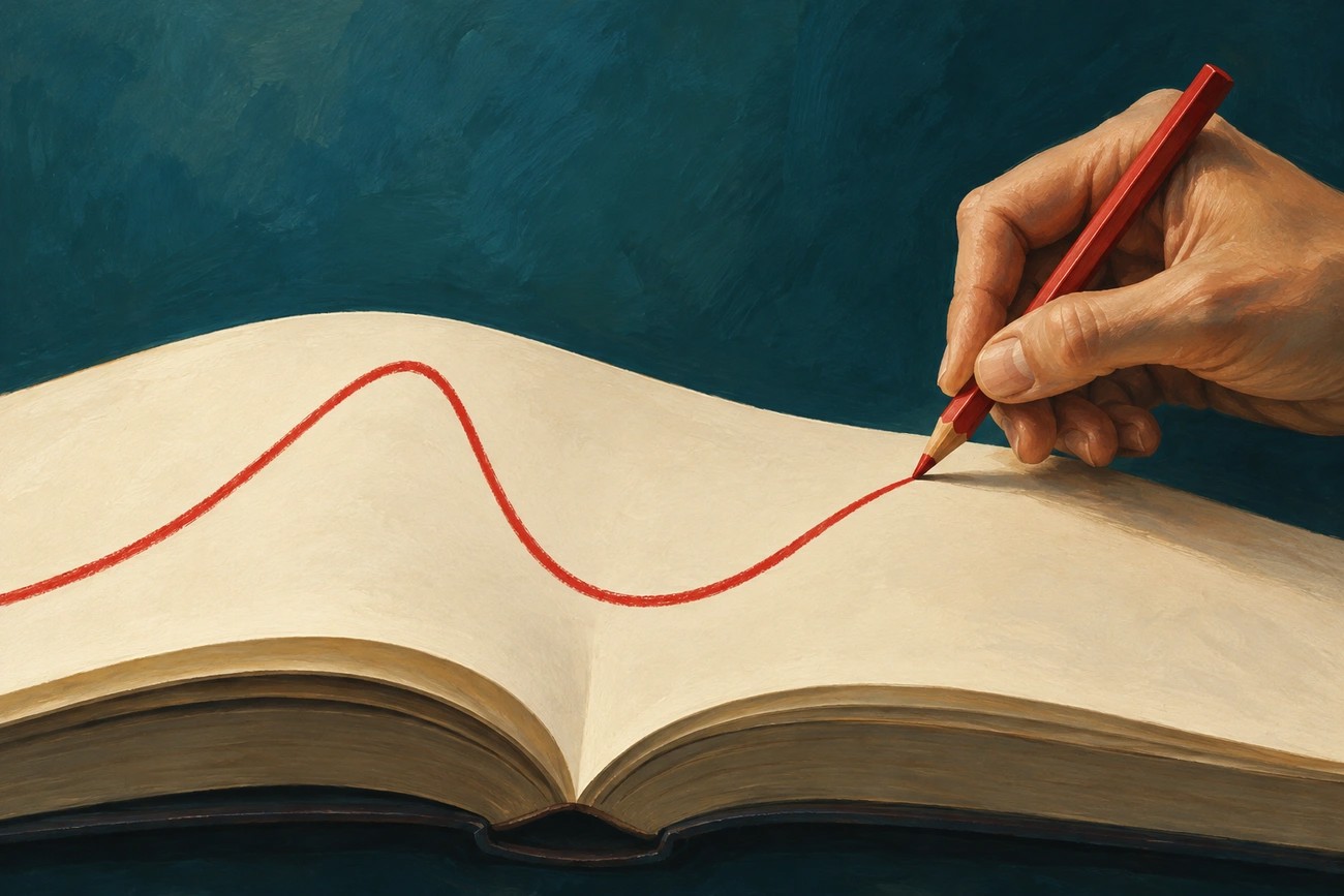 Mão com lápis vermelho desenha uma curva de subida, queda e recuperação nas páginas de um livro aberto.