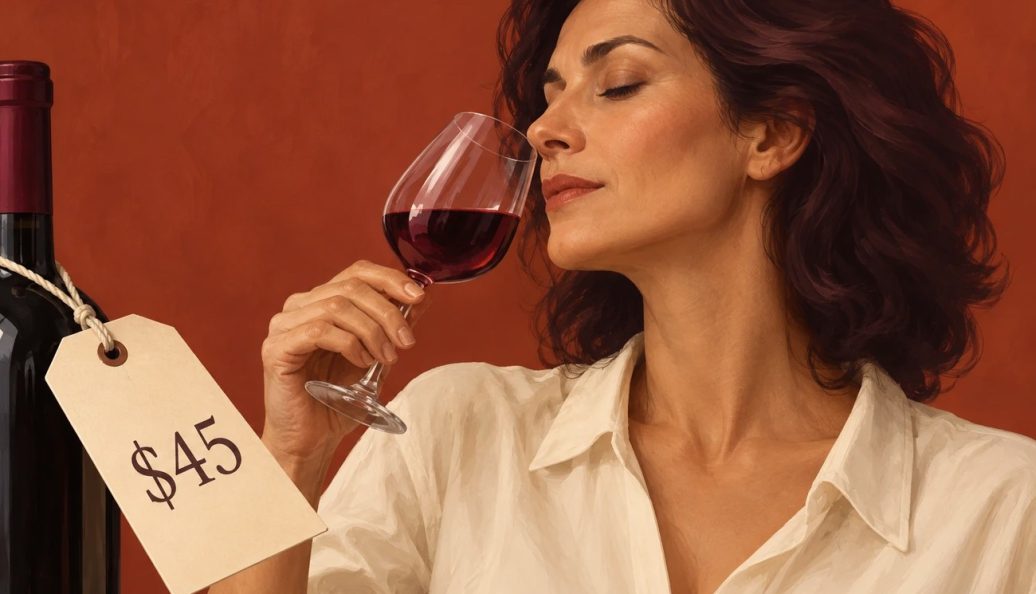 Ilustração de uma mulher de olhos fechados levando uma taça de vinho ao rosto, ao lado de uma garrafa com etiqueta de 45 dólares.