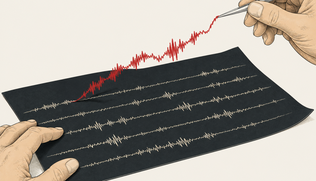 Ilustração de mãos com pinças erguendo uma onda sonora vermelha de uma folha escura.