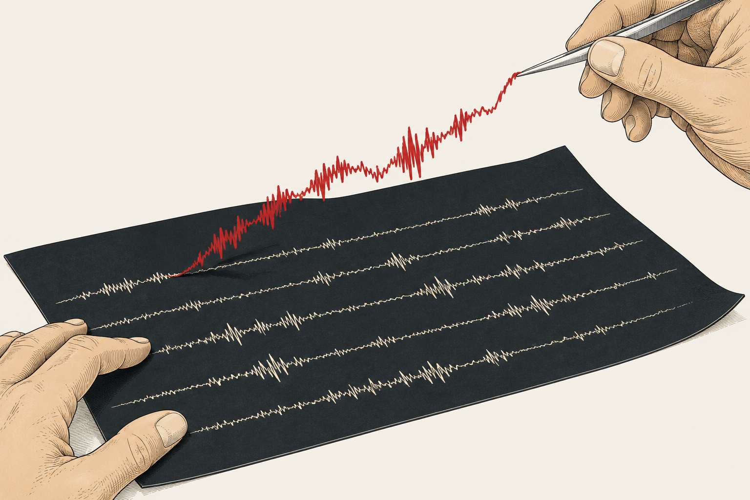 Ilustração de mãos com pinças erguendo uma onda sonora vermelha de uma folha escura.